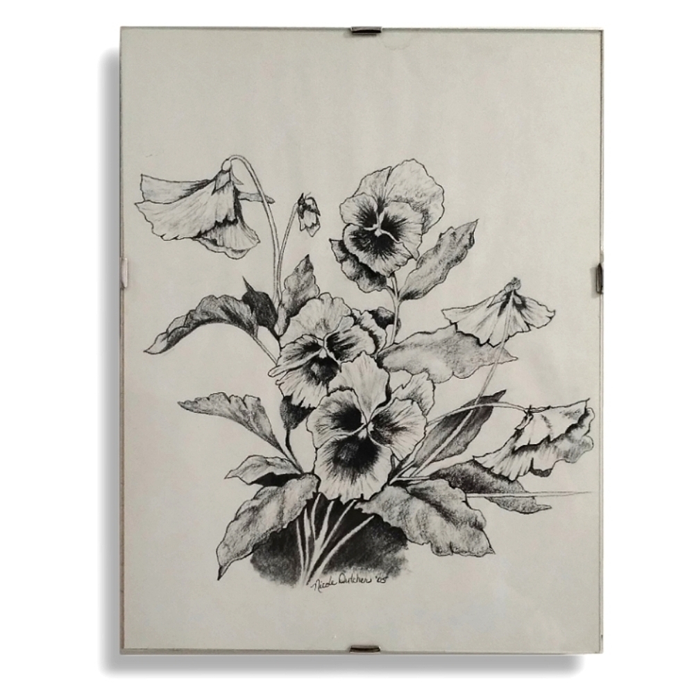 Original Signed Pansies Graphite Drawing 2005 | Framed Floral Sketch